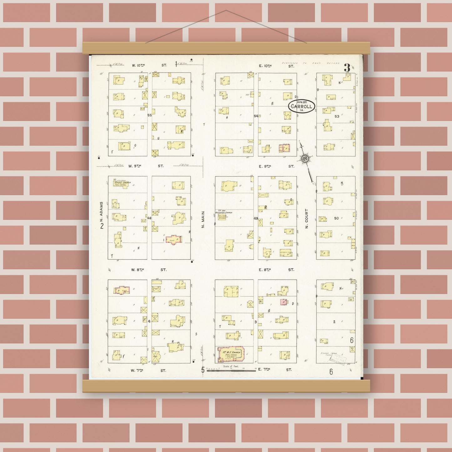 Old map wall art mockup — magnetic wood frame on brick wall — Sanborn Fire Insurance Map from Carroll, Carroll County, Iowa (1915), Sheet #0003