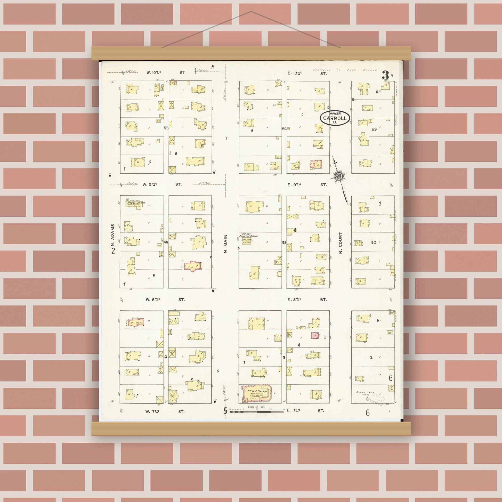Old map wall art mockup — magnetic wood frame on brick wall — Sanborn Fire Insurance Map from Carroll, Carroll County, Iowa (1915), Sheet #0003