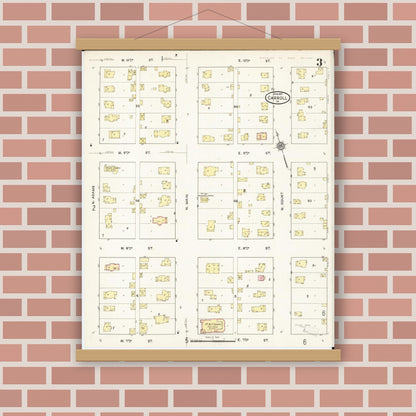 Old map wall art mockup — magnetic wood frame on brick wall — Sanborn Fire Insurance Map from Carroll, Carroll County, Iowa (1915), Sheet #0003