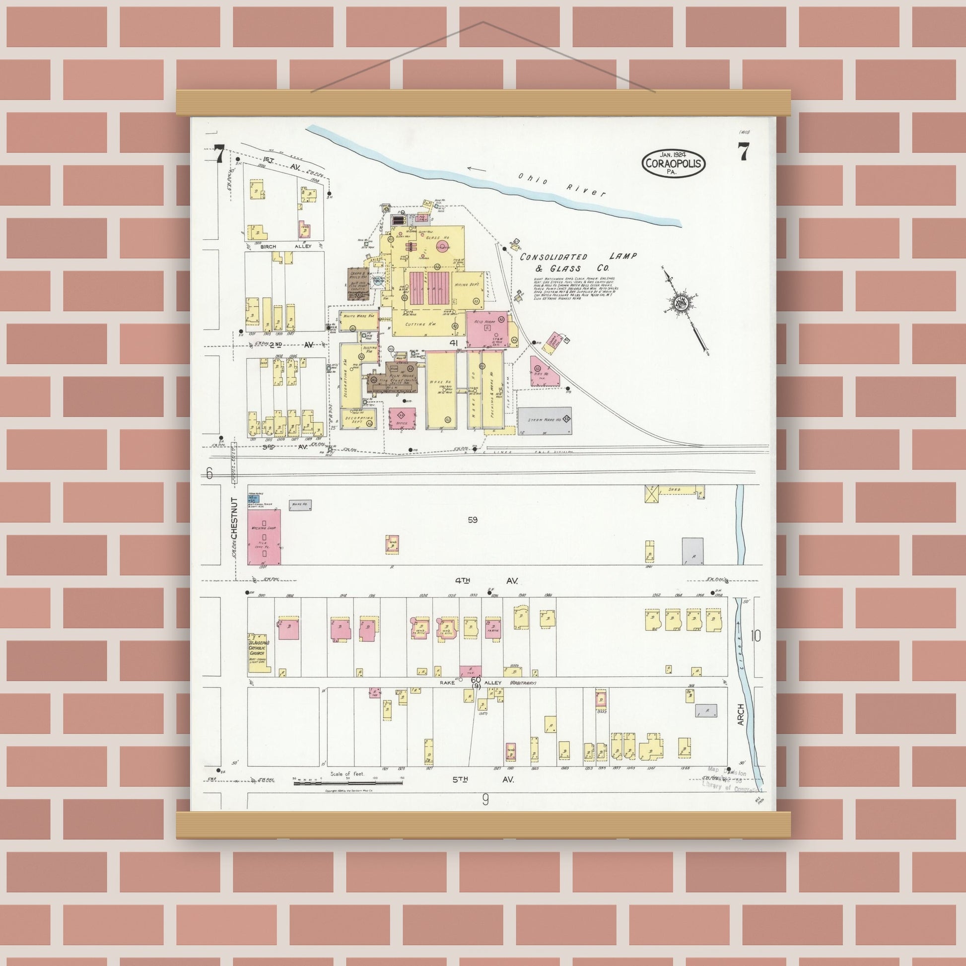 Old map wall art mockup — magnetic wood frame on brick wall — Sanborn Fire Insurance Map from Coraopolis, Allegheny County, Pennsylvania (1924), Sheet #0007