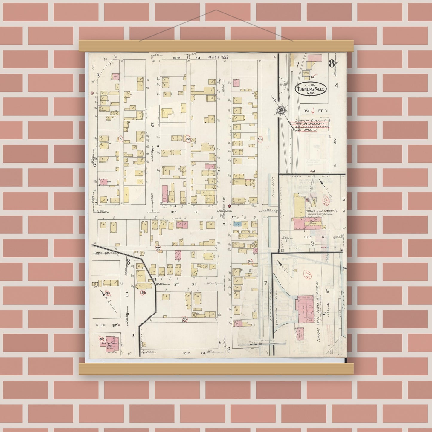 Old map wall art mockup — magnetic wood frame on brick wall — Sanborn Fire Insurance Map from Turners Falls, Franklin County, Massachusetts (1940), Sheet #0008