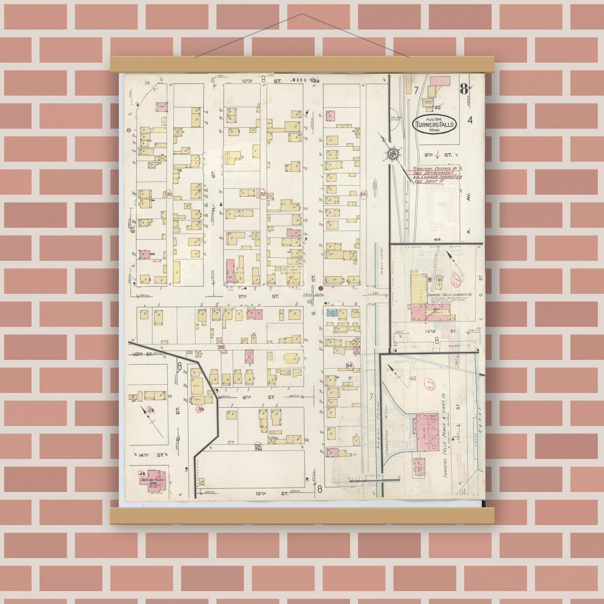 Old map wall art mockup — magnetic wood frame on brick wall — Sanborn Fire Insurance Map from Turners Falls, Franklin County, Massachusetts (1940), Sheet #0008