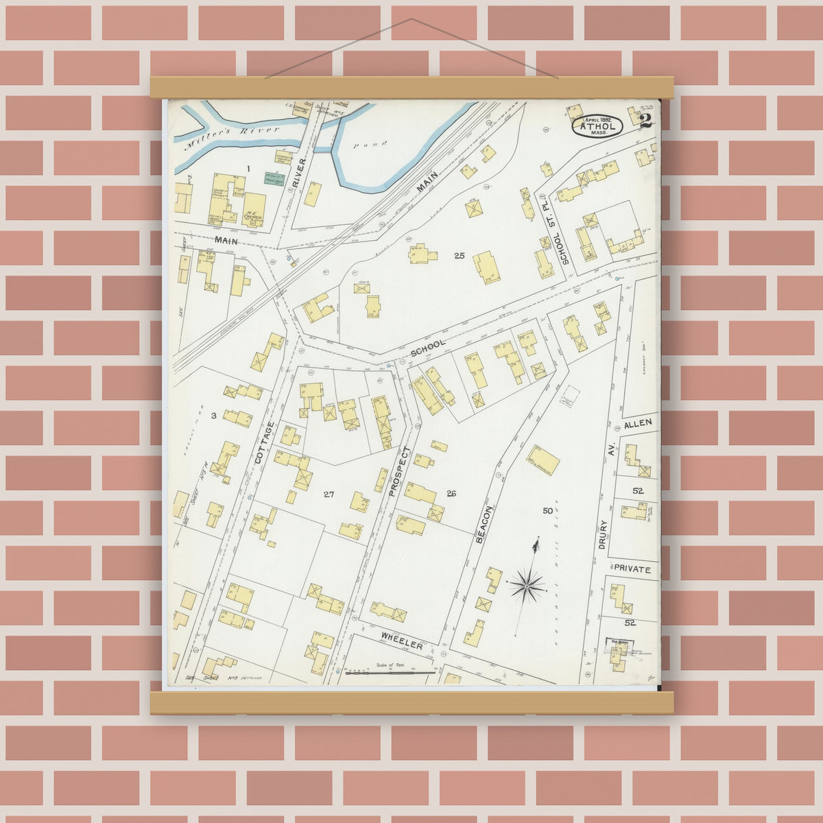 Old map wall art mockup — magnetic wood frame on brick wall — Sanborn Fire Insurance Map from Athol, Worcester County, Massachusetts (1892), Sheet #0002