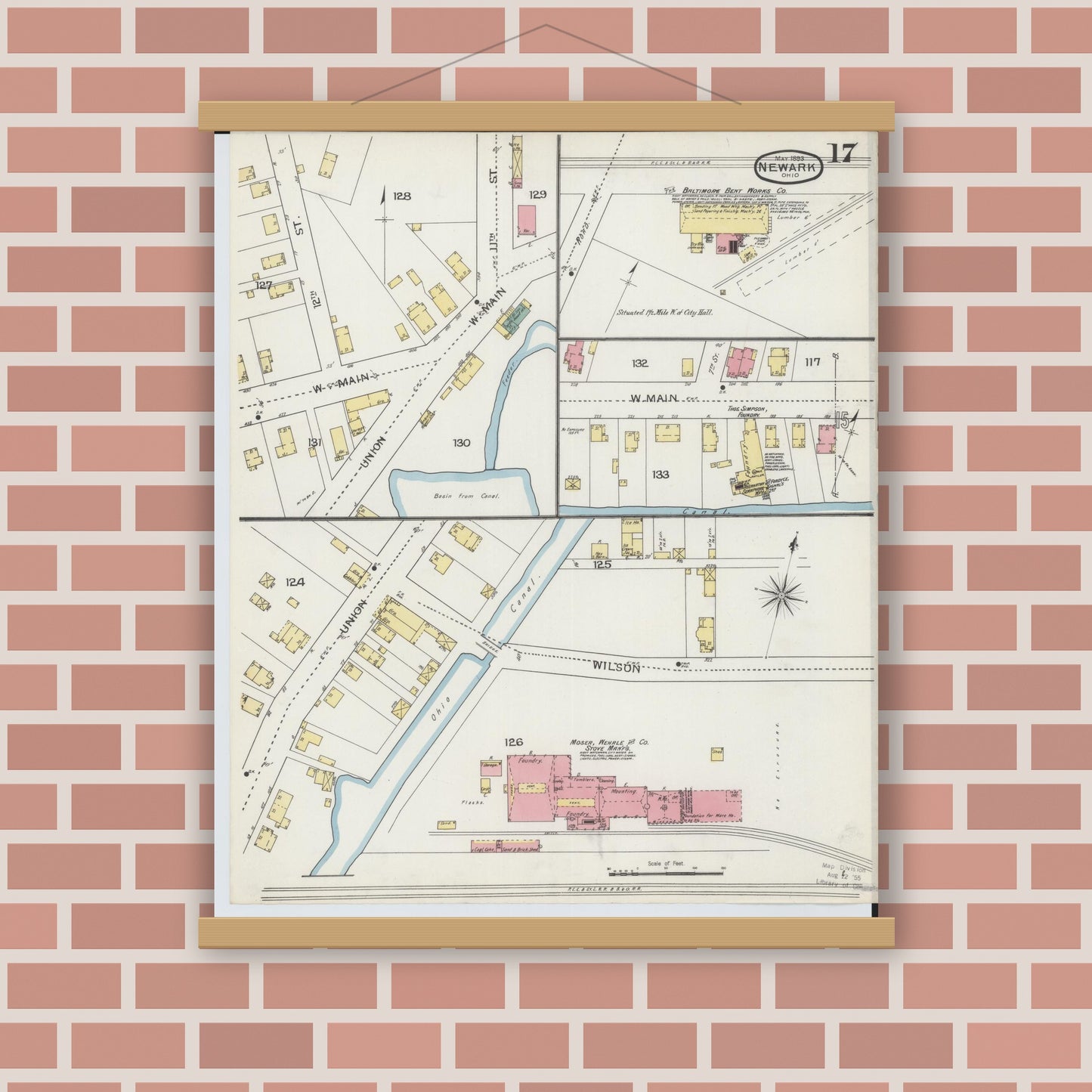 Old map wall art mockup — magnetic wood frame on brick wall — Sanborn Fire Insurance Map from Newark, Licking County, Ohio (1893), Sheet #0017