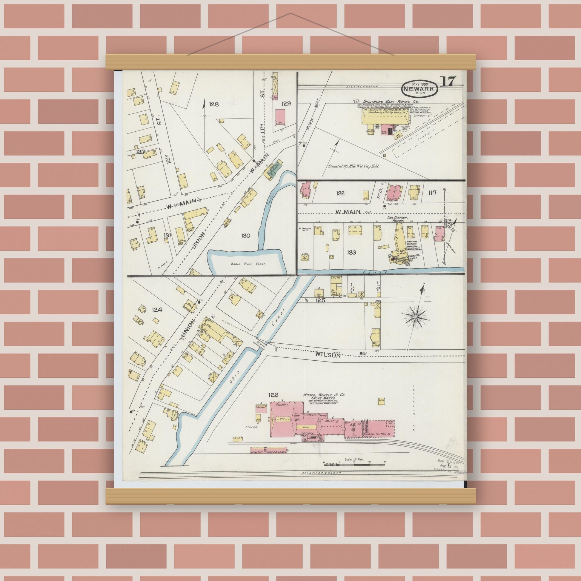 Old map wall art mockup — magnetic wood frame on brick wall — Sanborn Fire Insurance Map from Newark, Licking County, Ohio (1893), Sheet #0017