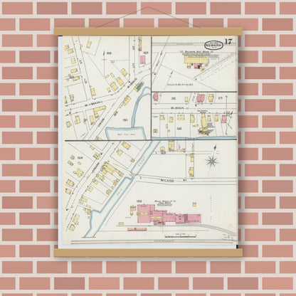 Old map wall art mockup — magnetic wood frame on brick wall — Sanborn Fire Insurance Map from Newark, Licking County, Ohio (1893), Sheet #0017