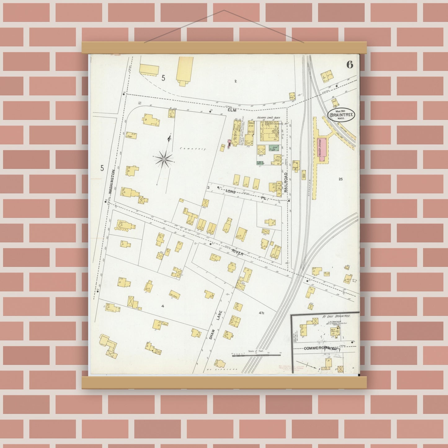 Old map wall art mockup — magnetic wood frame on brick wall — Sanborn Fire Insurance Map from Braintree, Norfolk County, Massachusetts (1901), Sheet #0006
