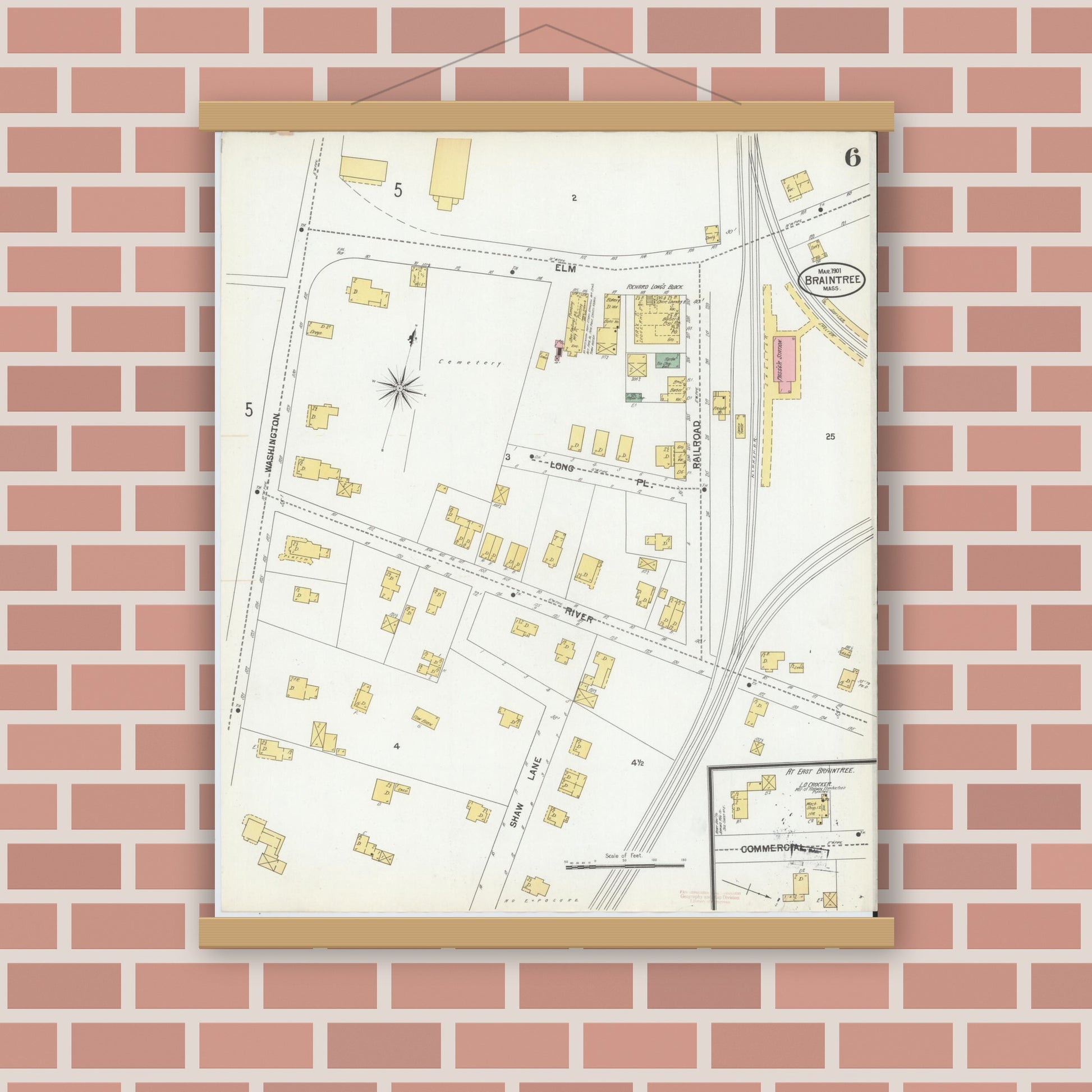 Old map wall art mockup — magnetic wood frame on brick wall — Sanborn Fire Insurance Map from Braintree, Norfolk County, Massachusetts (1901), Sheet #0006