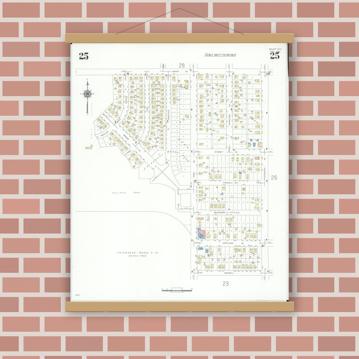 Old map wall art mockup — magnetic wood frame on brick wall — Sanborn Fire Insurance Map from Beloit, Rock County, Wisconsin (1939), Sheet #0025