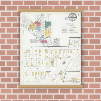 Old map wall art mockup — magnetic wood frame on brick wall — Sanborn Fire Insurance Map from East Grand Forks, Polk County, Minnesota (1904), Sheet #0001
