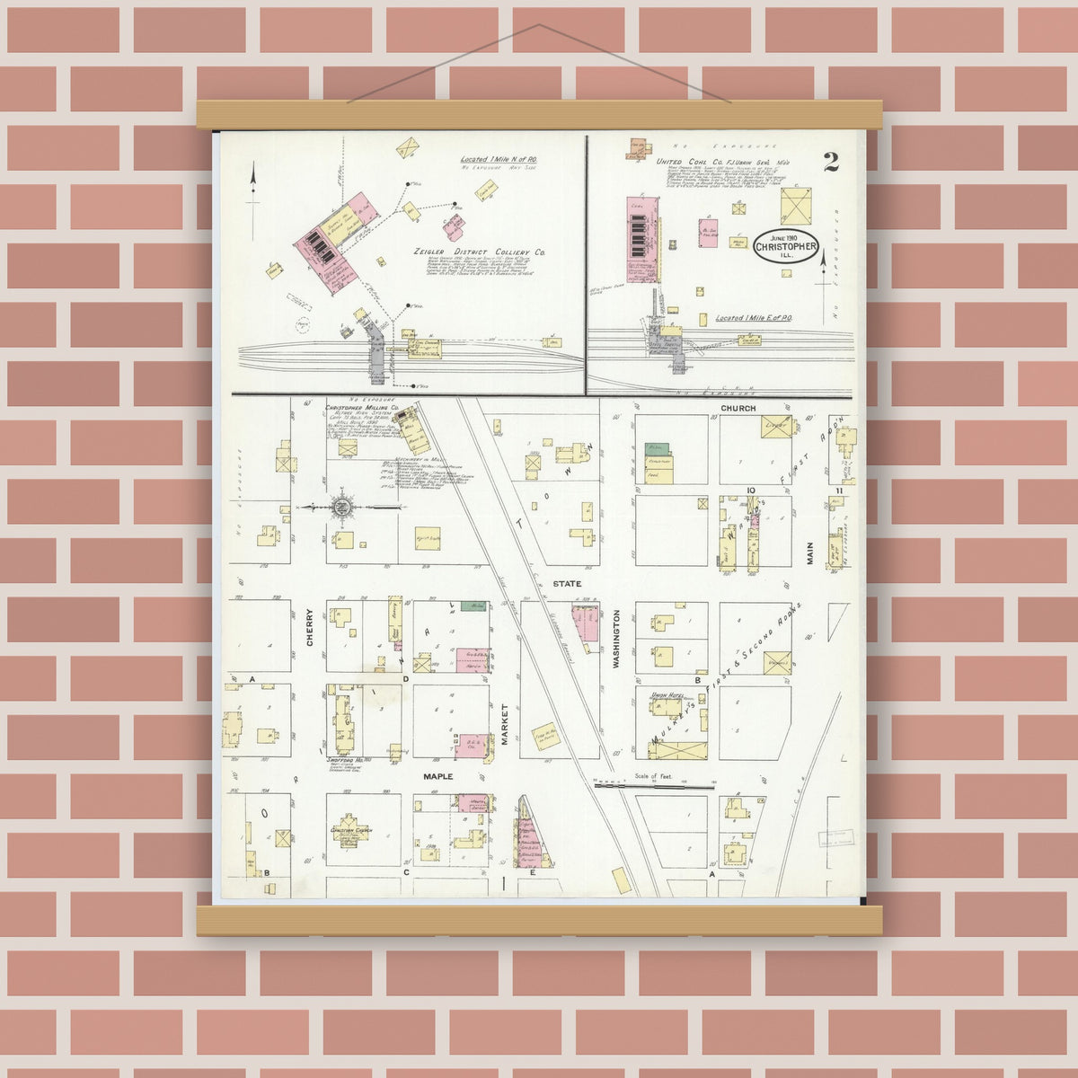 Old map wall art mockup — magnetic wood frame on brick wall — Sanborn Fire Insurance Map from Christopher, Franklin County, Illinois (1910), Sheet #0002