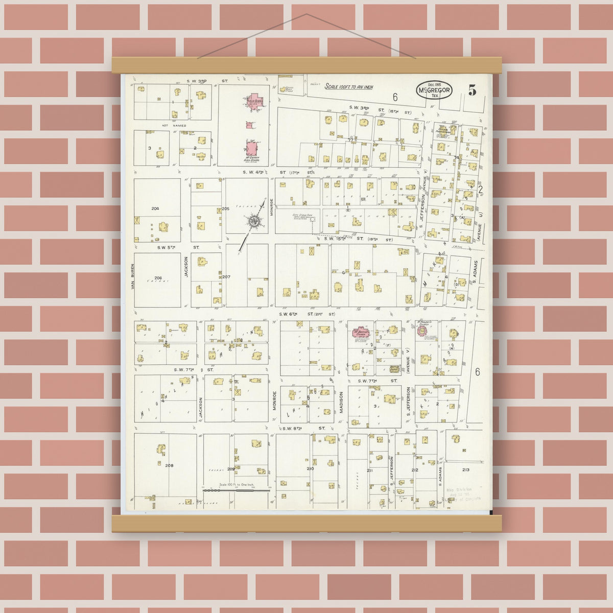 Old map wall art mockup — magnetic wood frame on brick wall — Sanborn Fire Insurance Map from McGregor, McLennan County, Texas (1915), Sheet #0005
