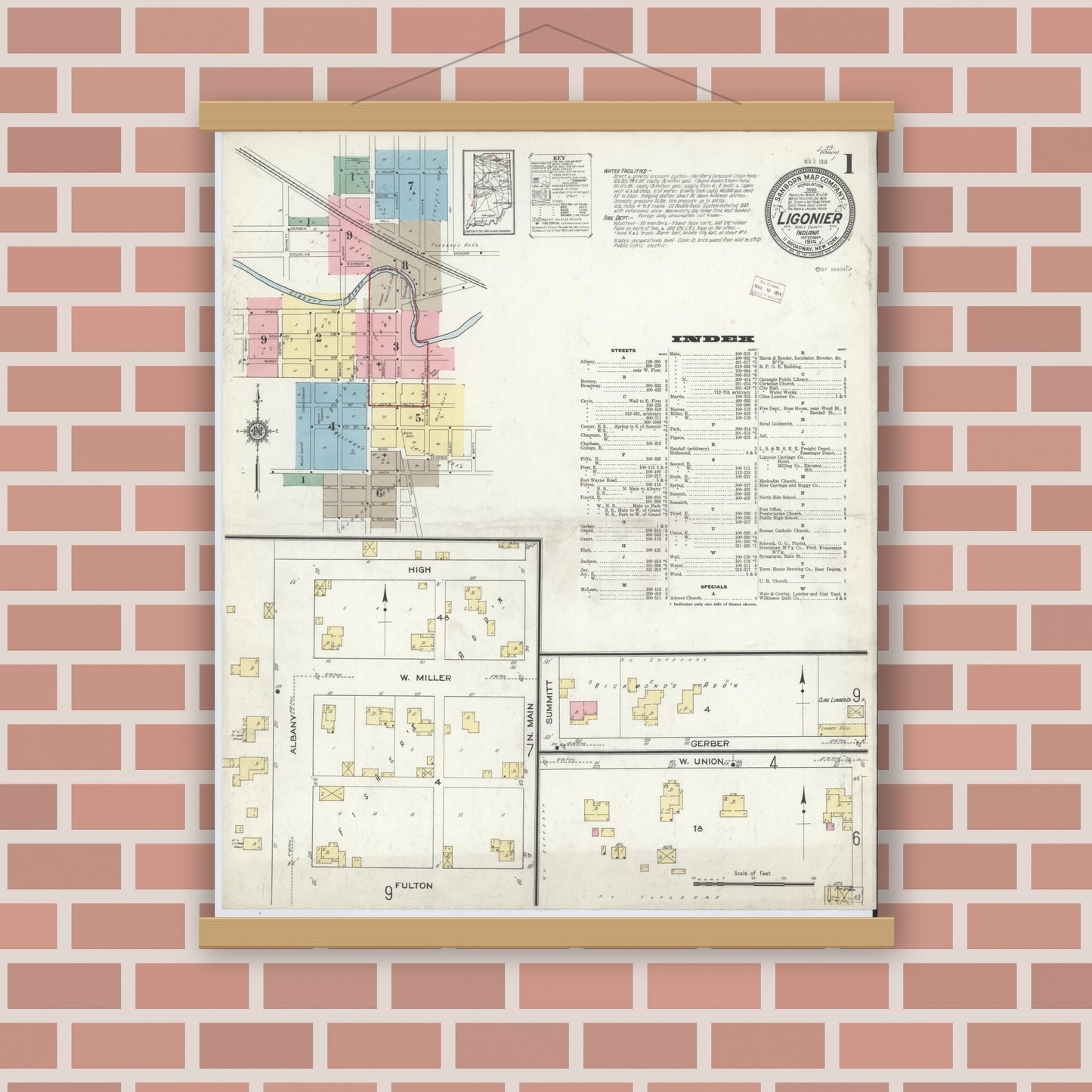 Old map wall art mockup — magnetic wood frame on brick wall — Sanborn Fire Insurance Map from Ligonier, Noble County, Indiana (1914) - Complete Map Set