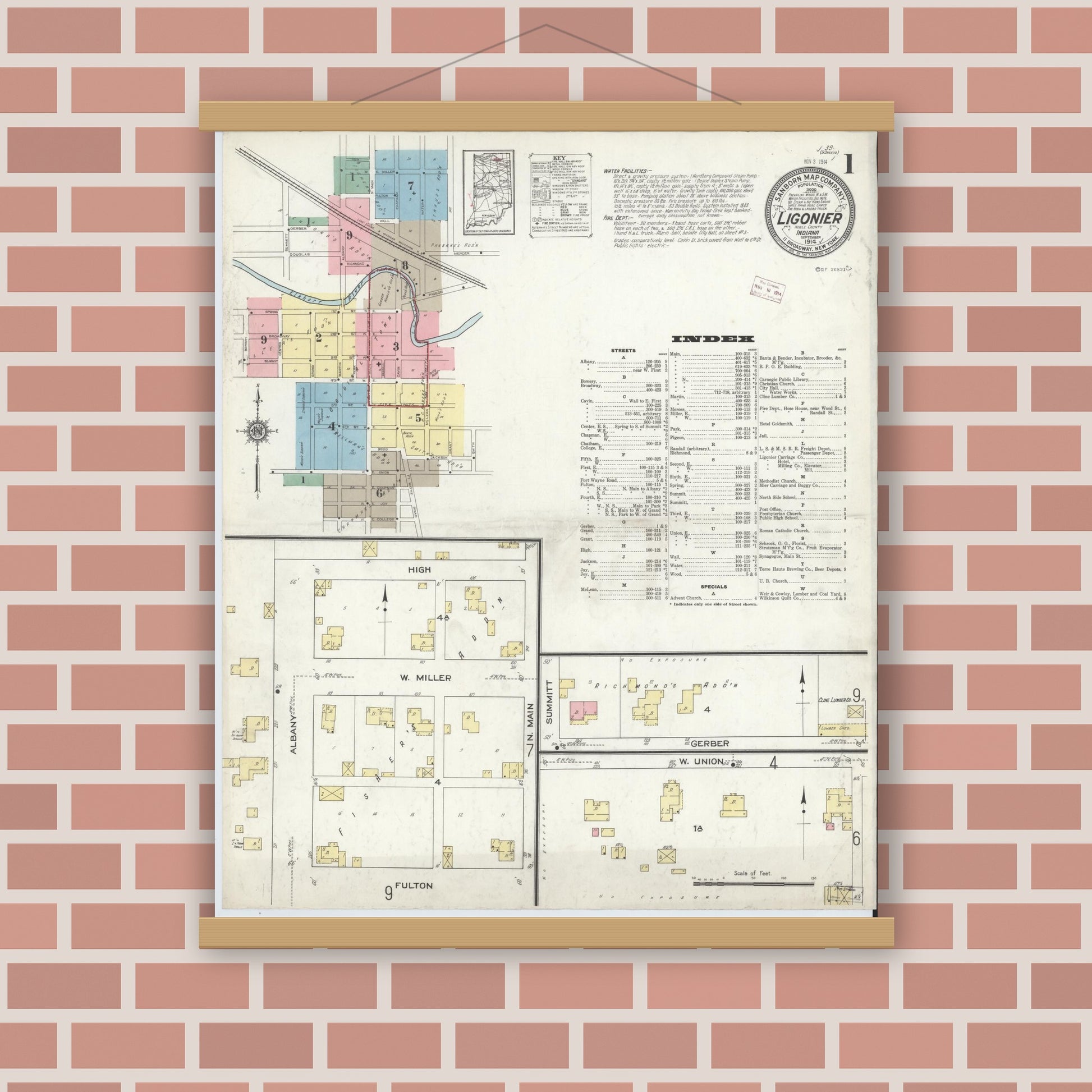 Old map wall art mockup — magnetic wood frame on brick wall — Sanborn Fire Insurance Map from Ligonier, Noble County, Indiana (1914) - Complete Map Set
