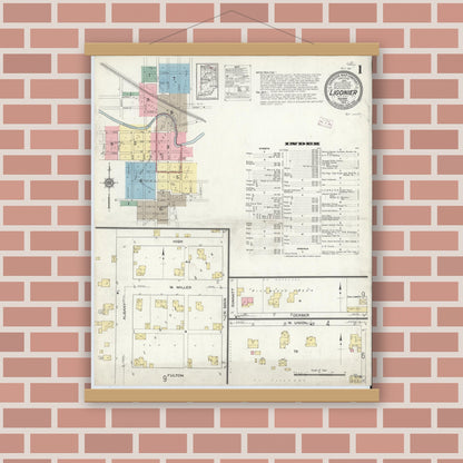 Old map wall art mockup — magnetic wood frame on brick wall — Sanborn Fire Insurance Map from Ligonier, Noble County, Indiana (1914) - Complete Map Set