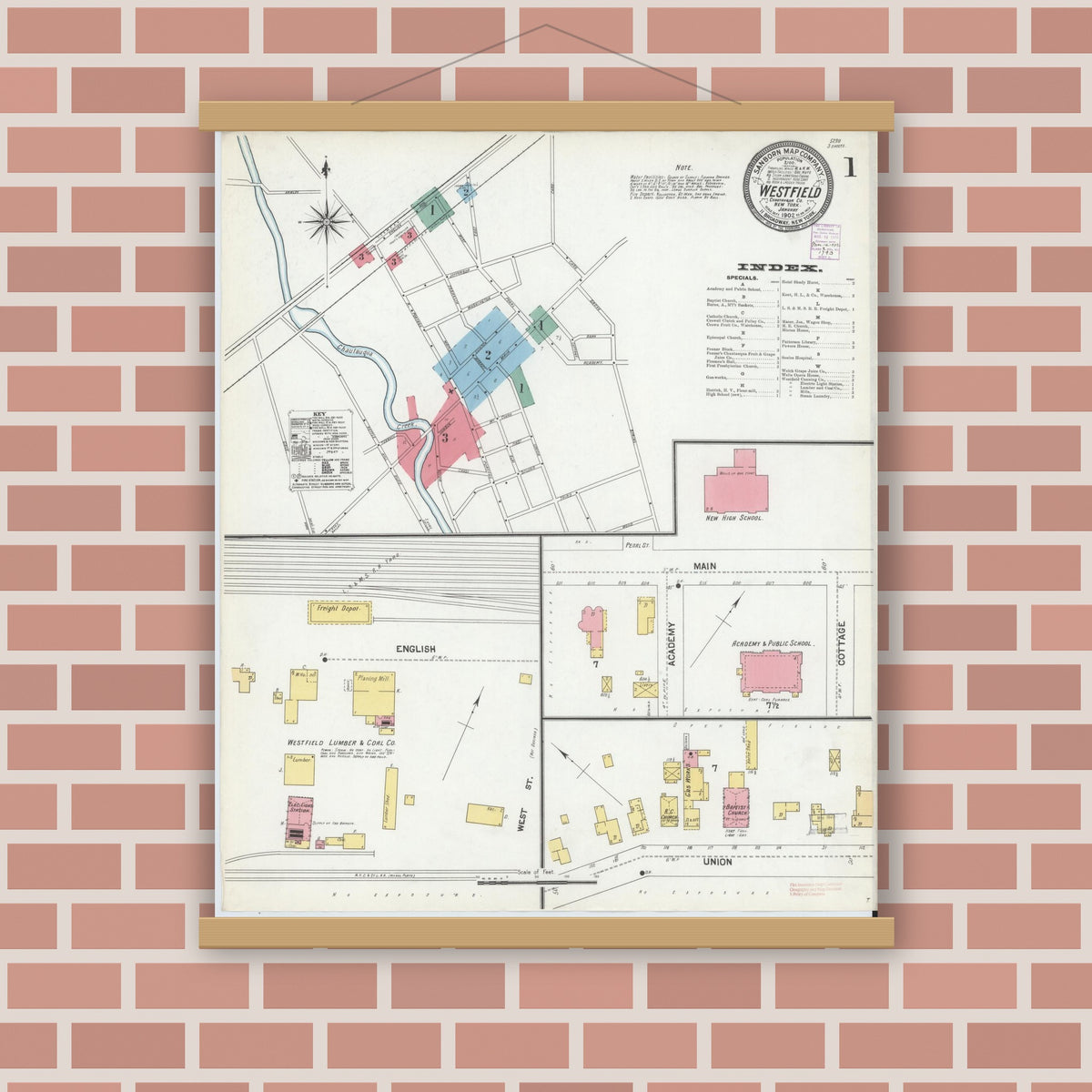 Old map wall art mockup — magnetic wood frame on brick wall — Sanborn Fire Insurance Map from Westfield, Chautauqua County, New York (1902) - Complete Map Set