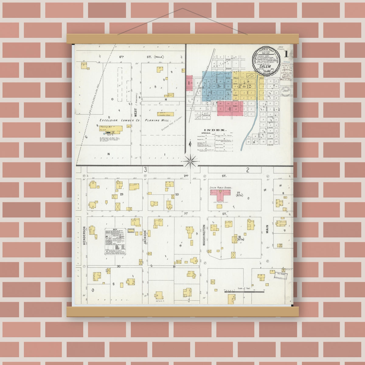 Old map wall art mockup — magnetic wood frame on brick wall — Sanborn Fire Insurance Map from Salem, Dent County, Missouri (1900), Sheet #0001