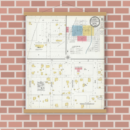 Old map wall art mockup — magnetic wood frame on brick wall — Sanborn Fire Insurance Map from Salem, Dent County, Missouri (1900), Sheet #0001