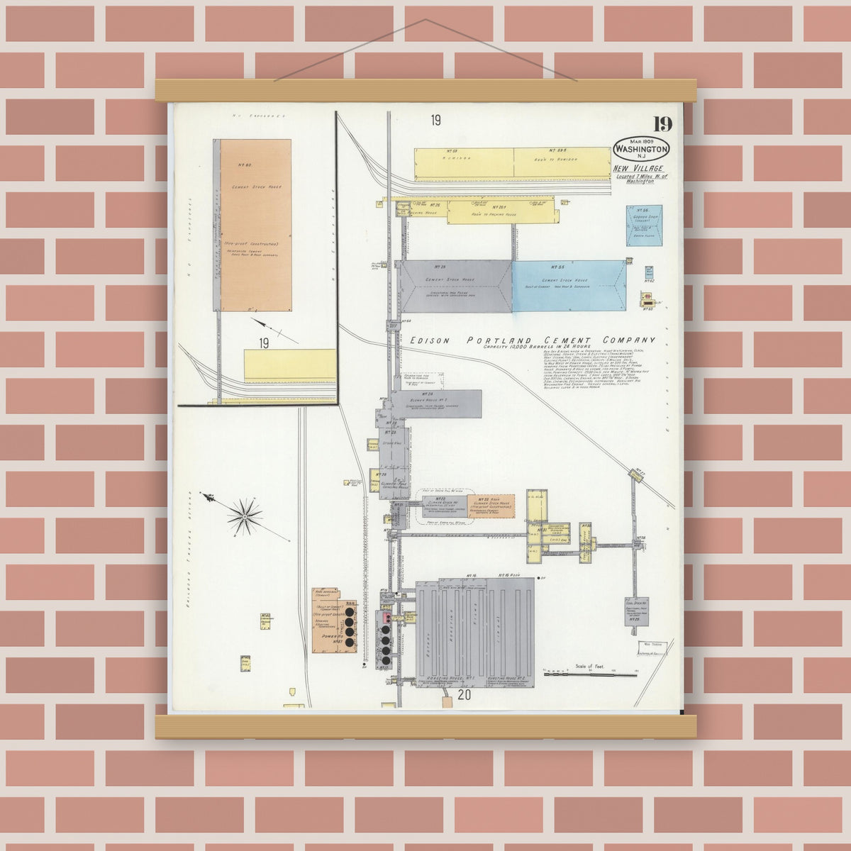 Old map wall art mockup — magnetic wood frame on brick wall — Sanborn Fire Insurance Map from Washington, Warren County, New Jersey (1909), Sheet #0019