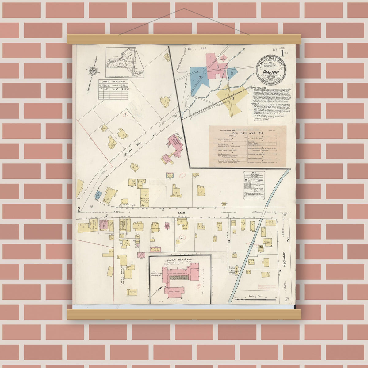 Old map wall art mockup — magnetic wood frame on brick wall — Sanborn Fire Insurance Map from Amenia, Dutchess County, New York (1934) - Complete Map Set