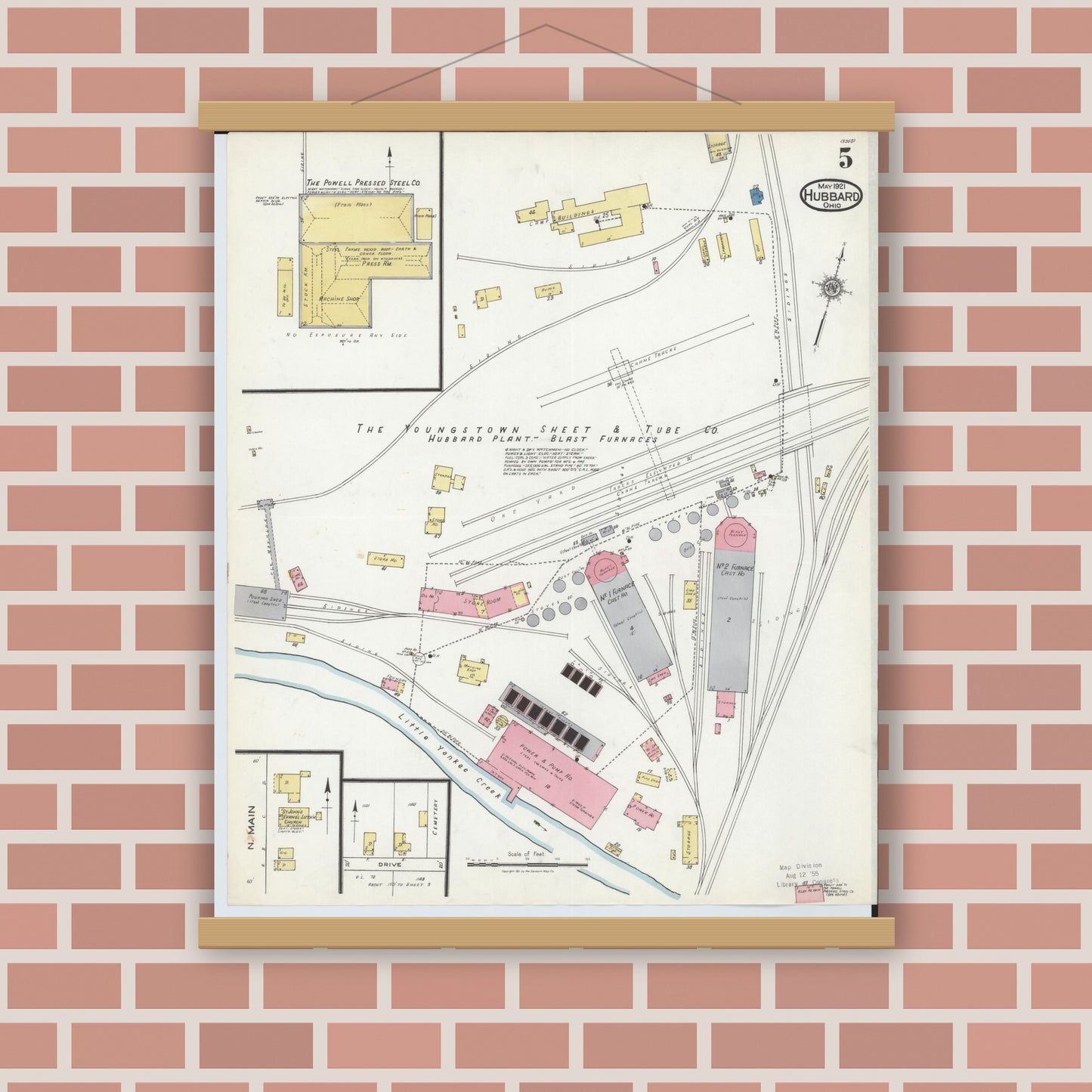 Old map wall art mockup — magnetic wood frame on brick wall — Sanborn Fire Insurance Map from Hubbard, Trumbull County, Ohio (1921), Sheet #0005