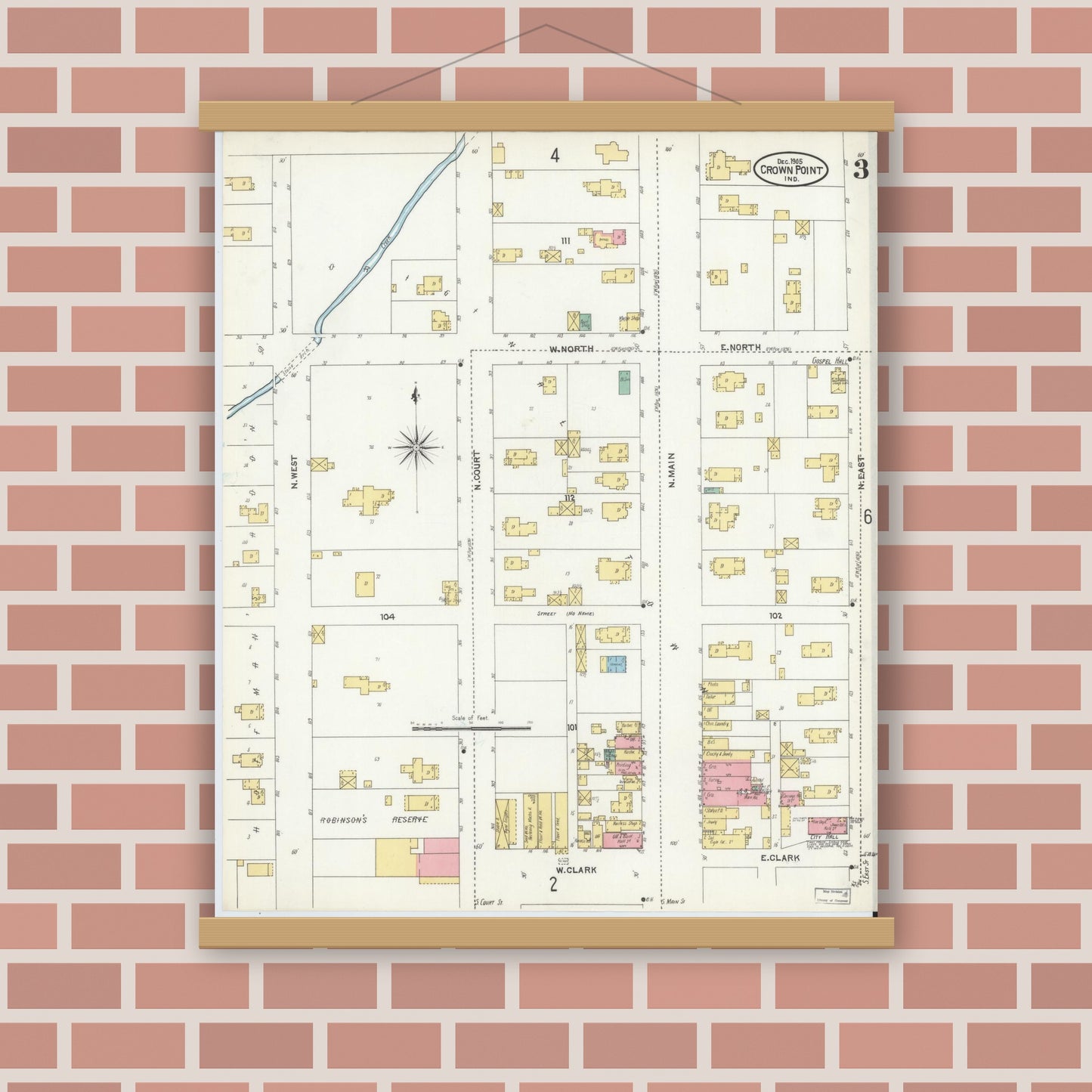 Old map wall art mockup — magnetic wood frame on brick wall — Sanborn Fire Insurance Map from Crown Point, Lake County, Indiana (1905), Sheet #0003
