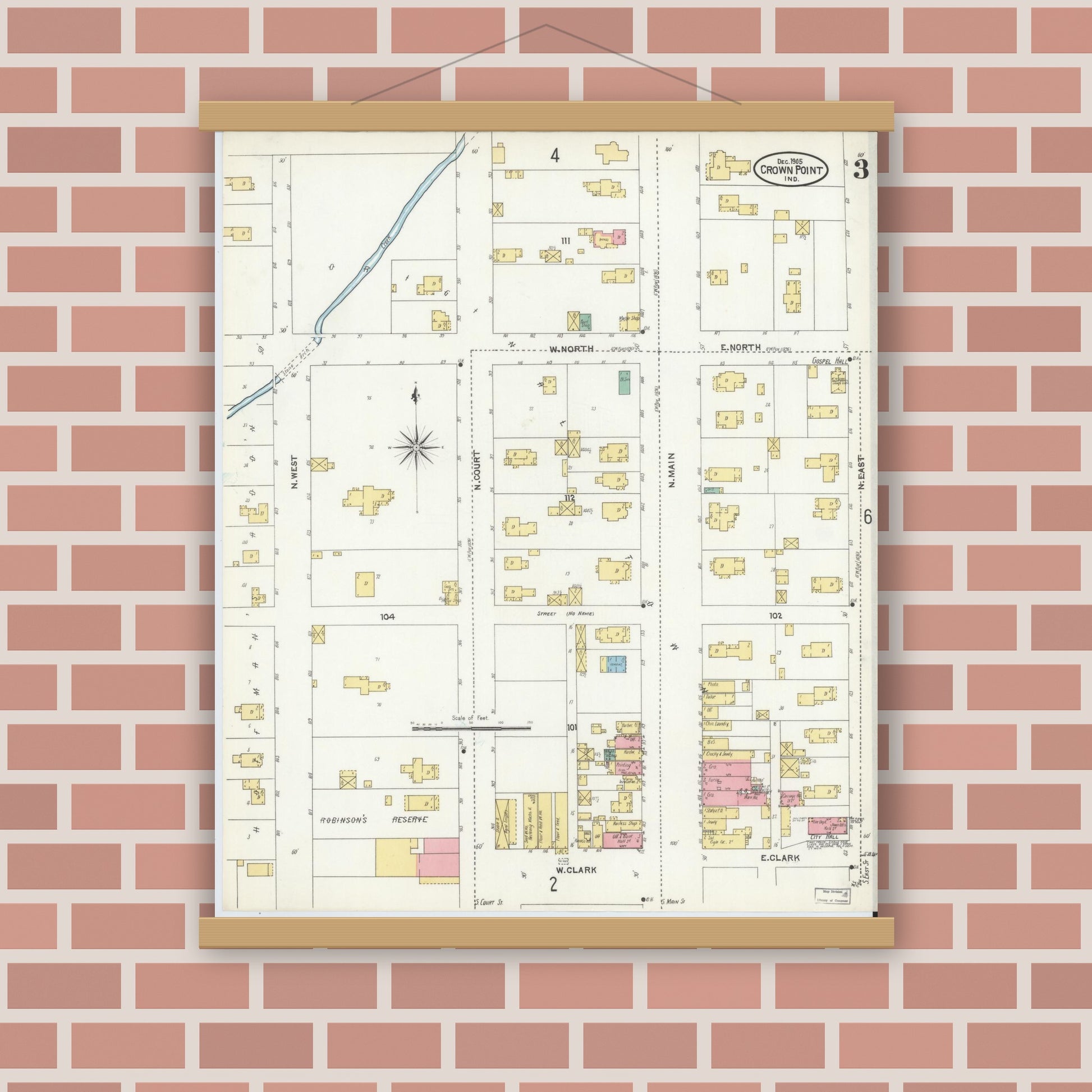 Old map wall art mockup — magnetic wood frame on brick wall — Sanborn Fire Insurance Map from Crown Point, Lake County, Indiana (1905), Sheet #0003