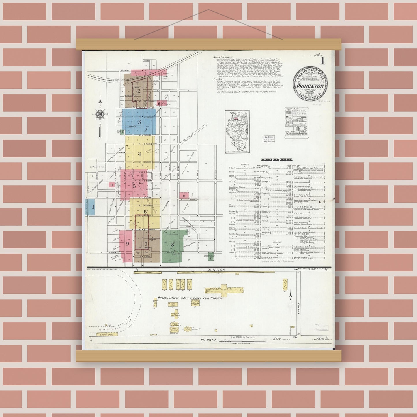 Old map wall art mockup — magnetic wood frame on brick wall — Sanborn Fire Insurance Map from Princeton, Bureau County, Illinois (1918) - Complete Map Set