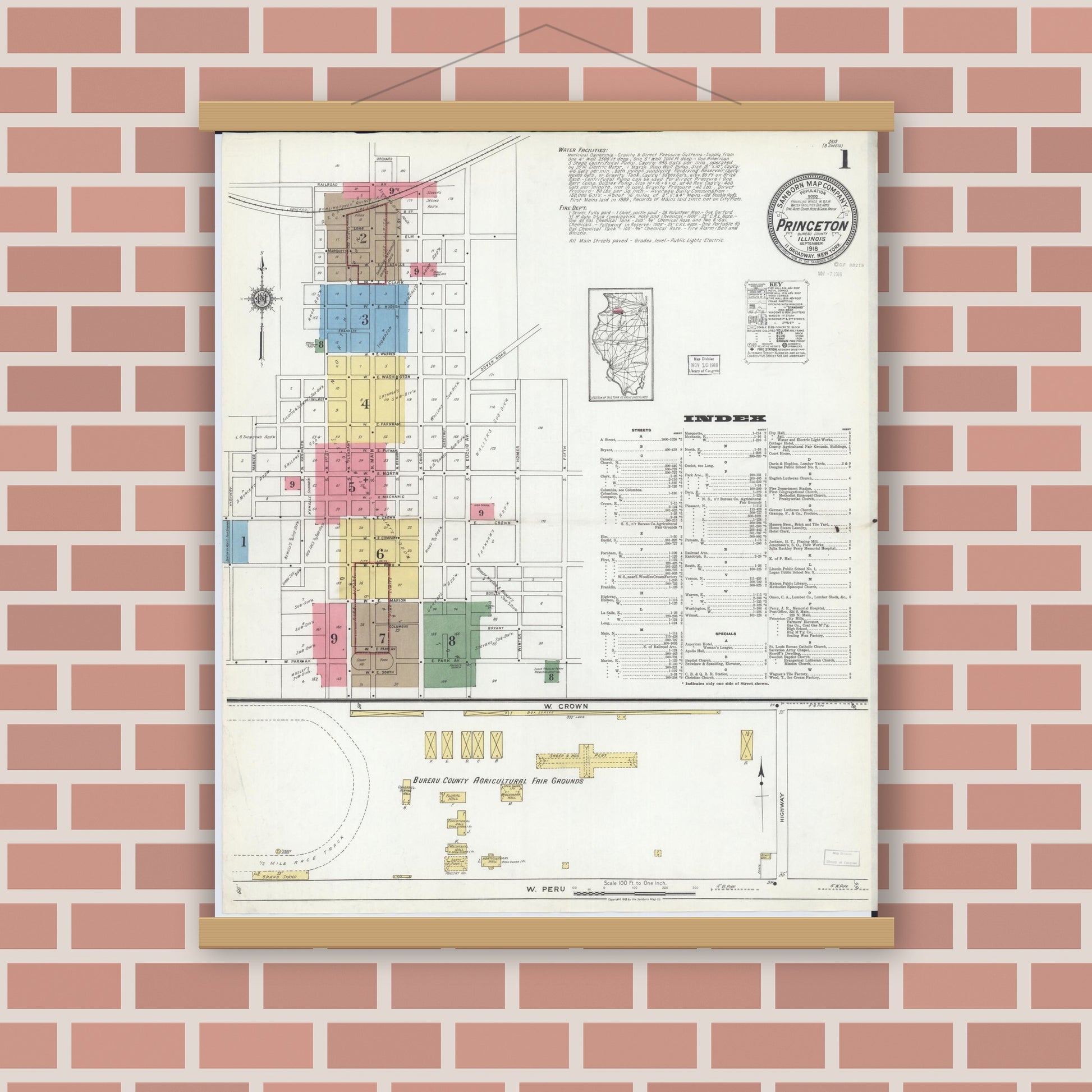 Old map wall art mockup — magnetic wood frame on brick wall — Sanborn Fire Insurance Map from Princeton, Bureau County, Illinois (1918) - Complete Map Set
