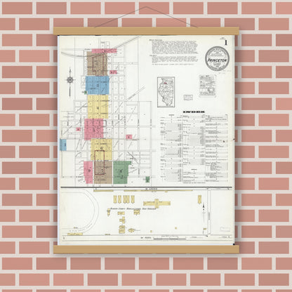 Old map wall art mockup — magnetic wood frame on brick wall — Sanborn Fire Insurance Map from Princeton, Bureau County, Illinois (1918) - Complete Map Set