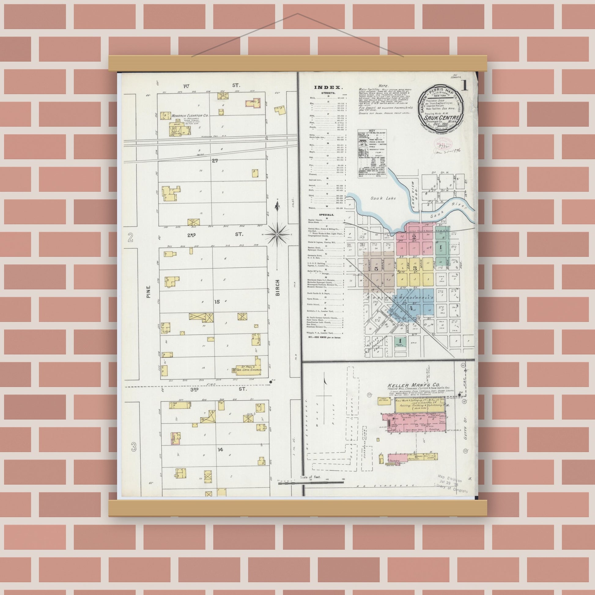Old map wall art mockup — magnetic wood frame on brick wall — Sanborn Fire Insurance Map from Sauk Centre, Stearns County, Minnesota (1895) - Complete Map Set
