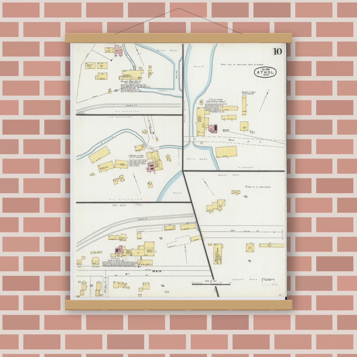 Old map wall art mockup — magnetic wood frame on brick wall — Sanborn Fire Insurance Map from Athol, Worcester County, Massachusetts (1896), Sheet #0010
