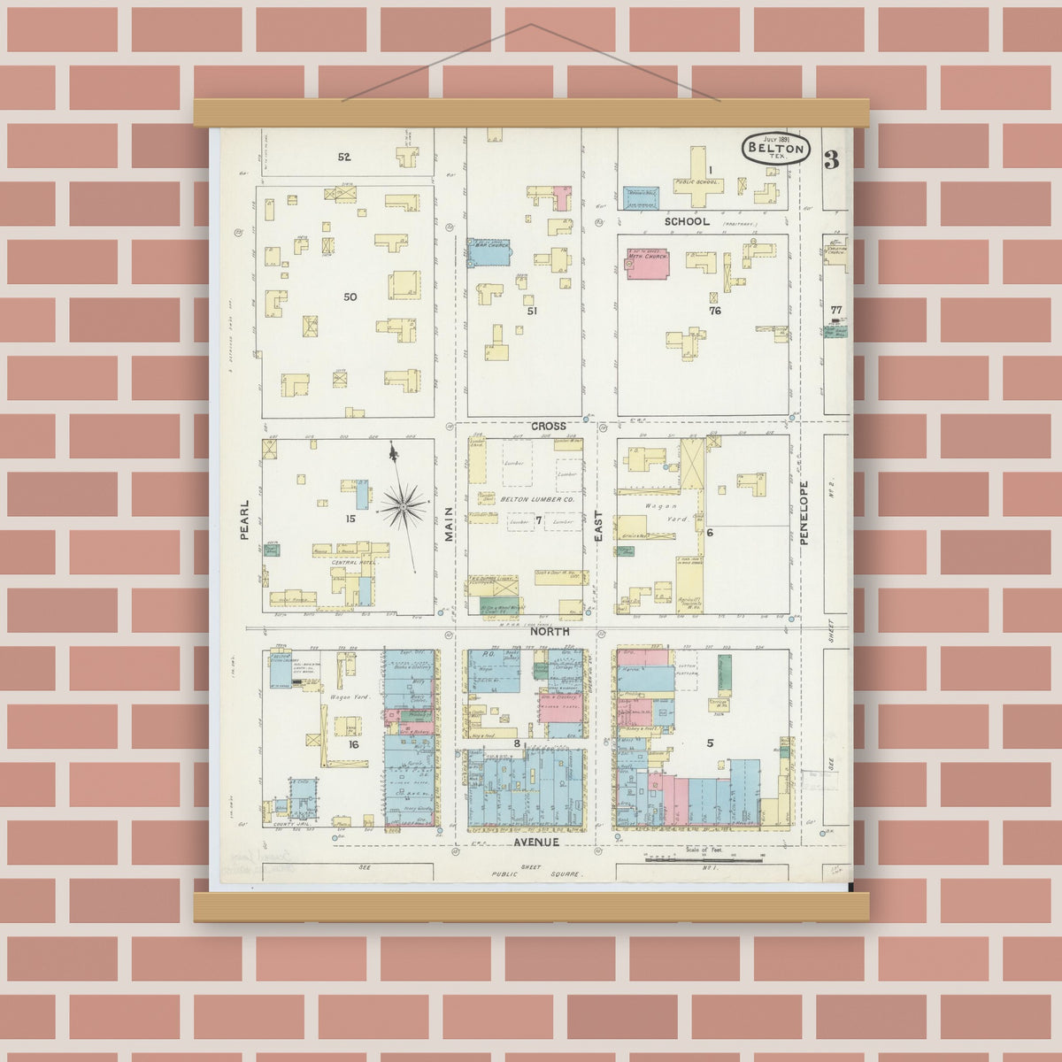 Old map wall art mockup — magnetic wood frame on brick wall — Sanborn Fire Insurance Map from Belton, Bell County, Texas (1891), Sheet #0003