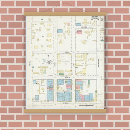 Old map wall art mockup — magnetic wood frame on brick wall — Sanborn Fire Insurance Map from Belton, Bell County, Texas (1891), Sheet #0003