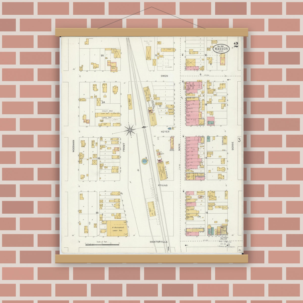 Old map wall art mockup — magnetic wood frame on brick wall — Sanborn Fire Insurance Map from Kasson, Dodge County, Minnesota (1904), Sheet #0002