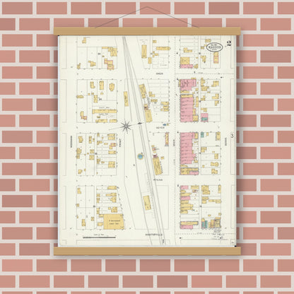 Old map wall art mockup — magnetic wood frame on brick wall — Sanborn Fire Insurance Map from Kasson, Dodge County, Minnesota (1904), Sheet #0002
