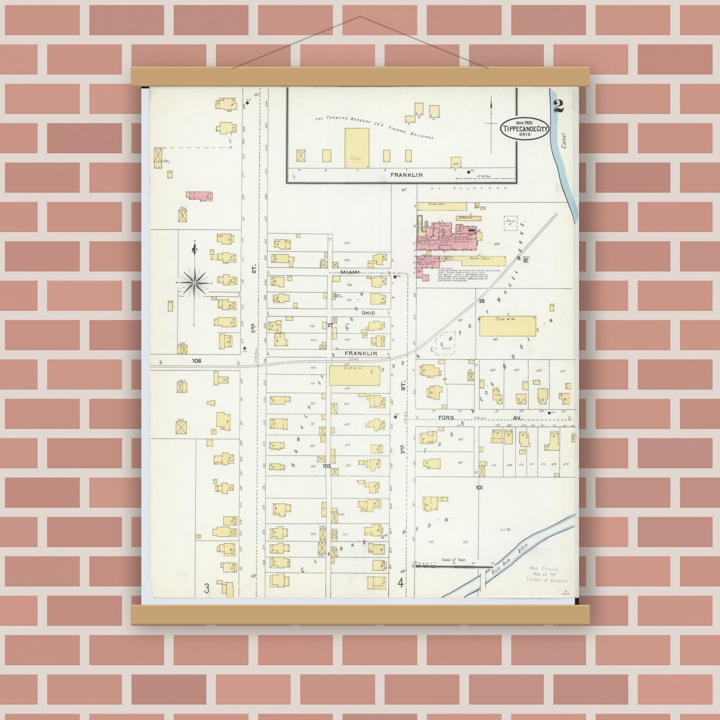 Old map wall art mockup — magnetic wood frame on brick wall — Sanborn Fire Insurance Map from Tipp City, Miami County, Ohio (1905), Sheet #0002