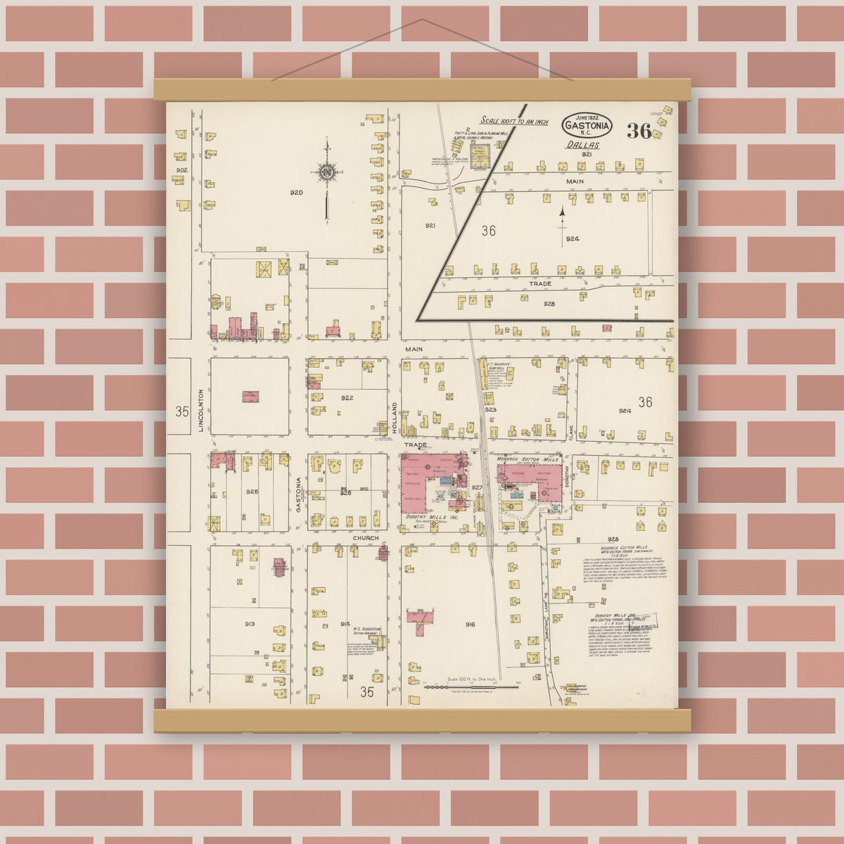 Old map wall art mockup — magnetic wood frame on brick wall — Sanborn Fire Insurance Map from Gastonia, Gaston County, North Carolina (1922), Sheet #0036