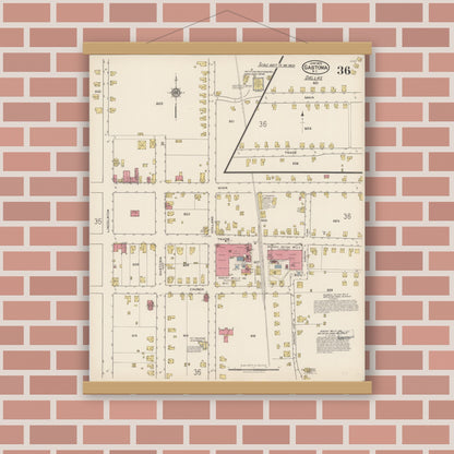 Old map wall art mockup — magnetic wood frame on brick wall — Sanborn Fire Insurance Map from Gastonia, Gaston County, North Carolina (1922), Sheet #0036