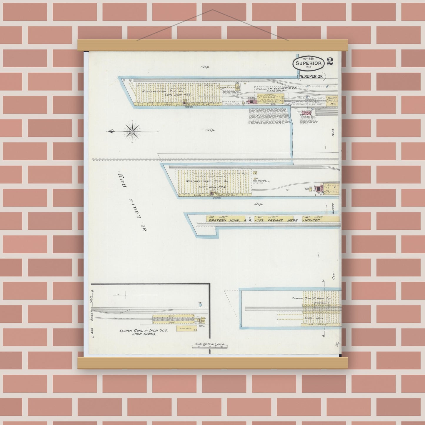 Old map wall art mockup — magnetic wood frame on brick wall — Sanborn Fire Insurance Map from Superior, Douglas County, Wisconsin (1889), Sheet #0002