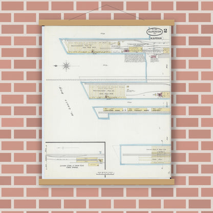 Old map wall art mockup — magnetic wood frame on brick wall — Sanborn Fire Insurance Map from Superior, Douglas County, Wisconsin (1889), Sheet #0002