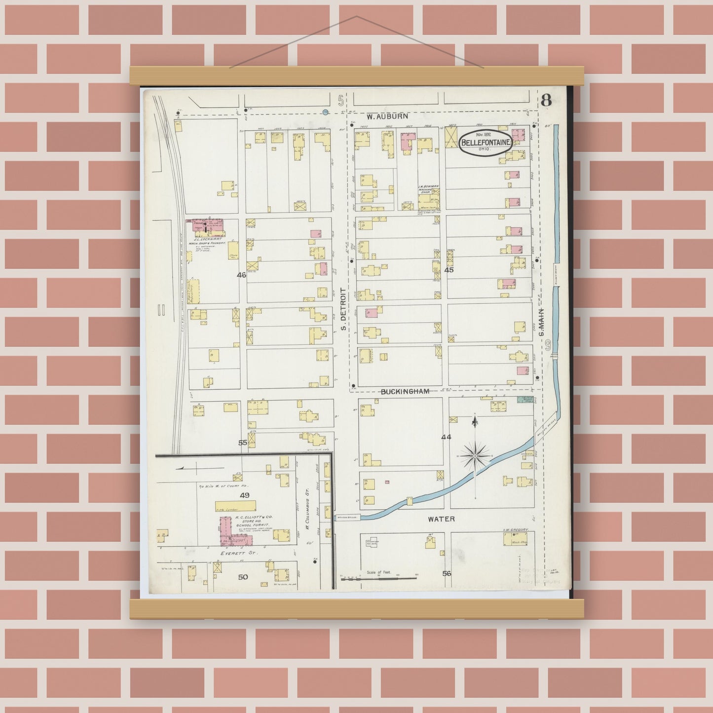 Old map wall art mockup — magnetic wood frame on brick wall — Sanborn Fire Insurance Map from Bellefontaine, Logan County, Ohio (1892), Sheet #0008