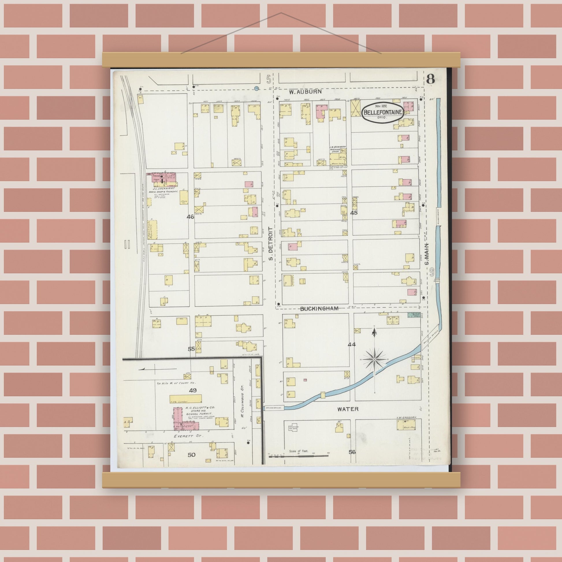 Old map wall art mockup — magnetic wood frame on brick wall — Sanborn Fire Insurance Map from Bellefontaine, Logan County, Ohio (1892), Sheet #0008