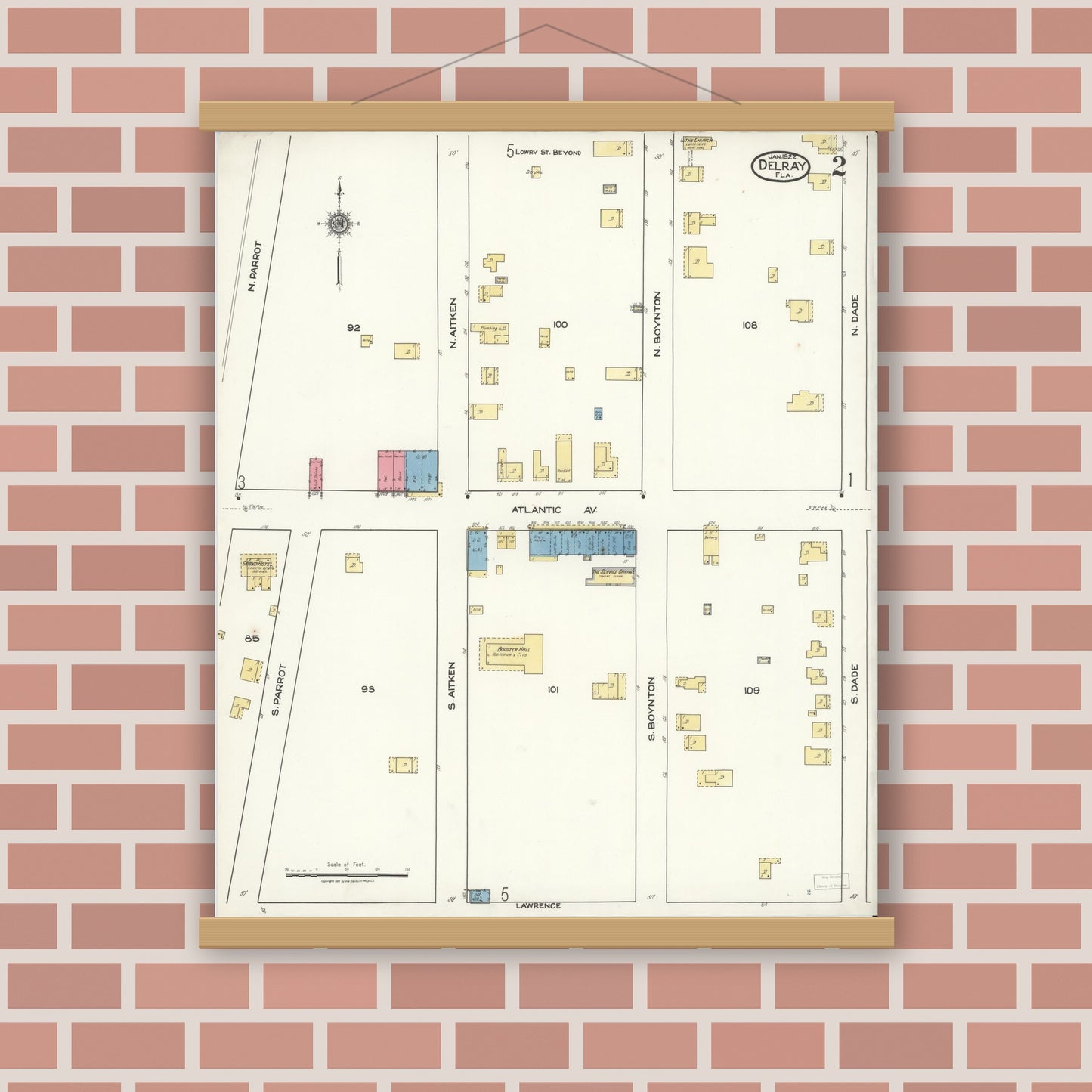 Old map wall art mockup — magnetic wood frame on brick wall — Sanborn Fire Insurance Map from Delray, Palm Beach County, Florida (1922), Sheet #0002