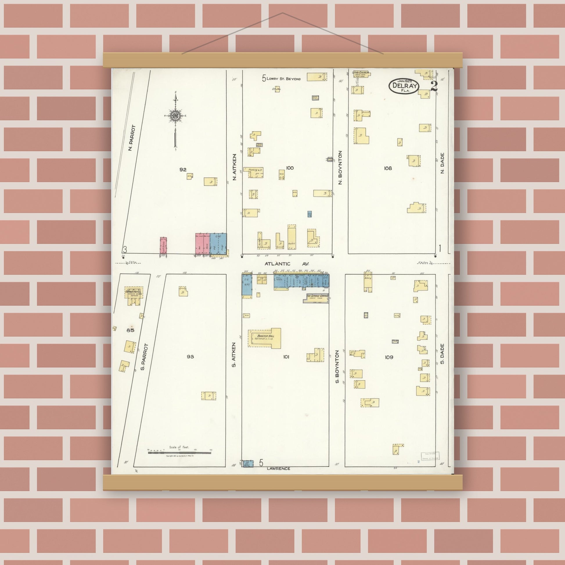 Old map wall art mockup — magnetic wood frame on brick wall — Sanborn Fire Insurance Map from Delray, Palm Beach County, Florida (1922), Sheet #0002