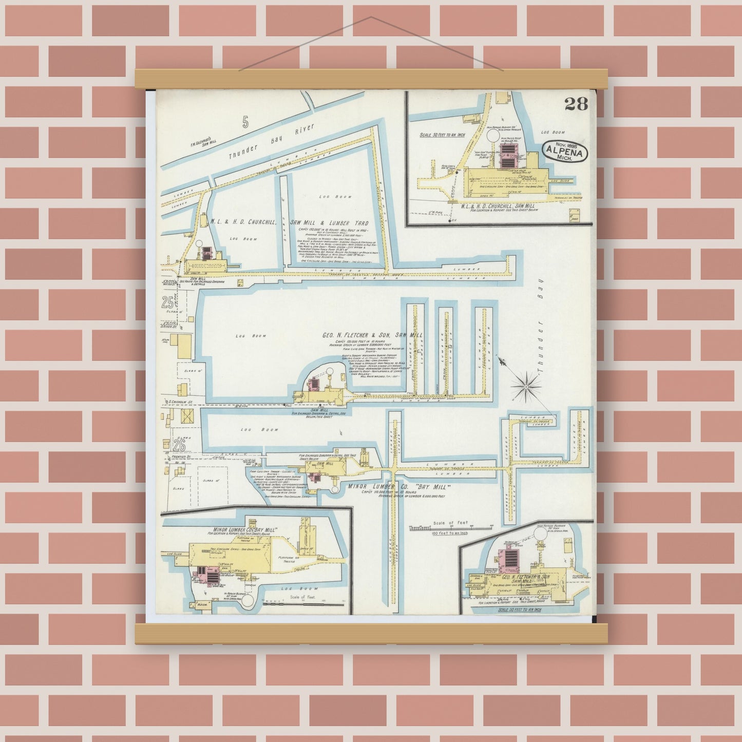 Old map wall art mockup — magnetic wood frame on brick wall — Sanborn Fire Insurance Map from Alpena, Alpena County, Michigan (1895), Sheet #0028