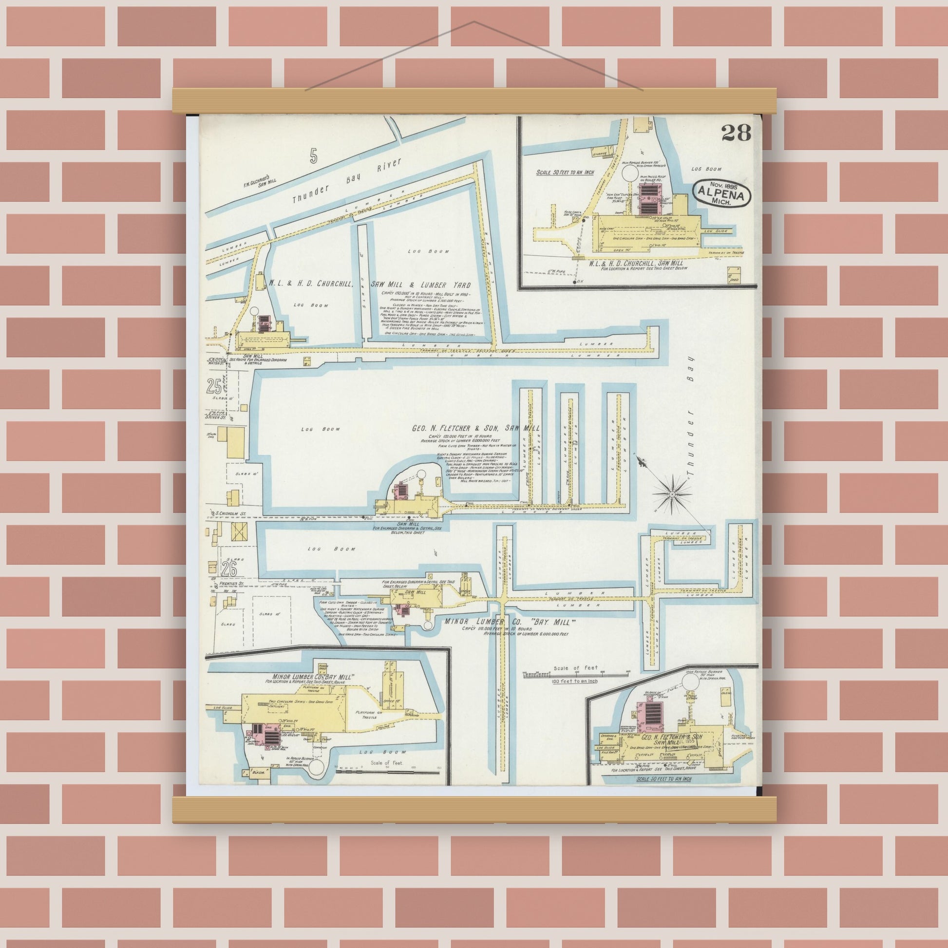 Old map wall art mockup — magnetic wood frame on brick wall — Sanborn Fire Insurance Map from Alpena, Alpena County, Michigan (1895), Sheet #0028