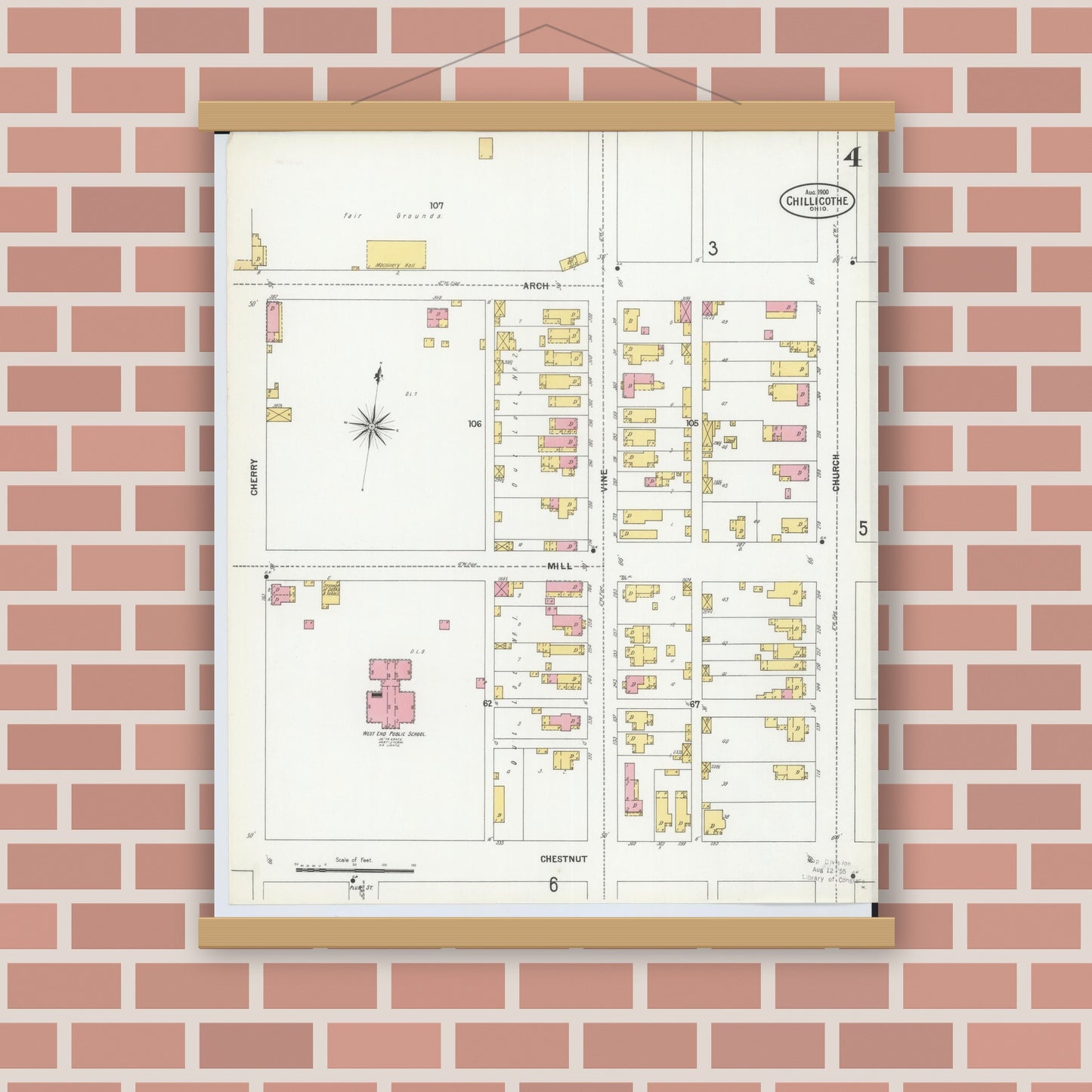 Old map wall art mockup — magnetic wood frame on brick wall — Sanborn Fire Insurance Map from Chillicothe, Ross County, Ohio (1900), Sheet #0004