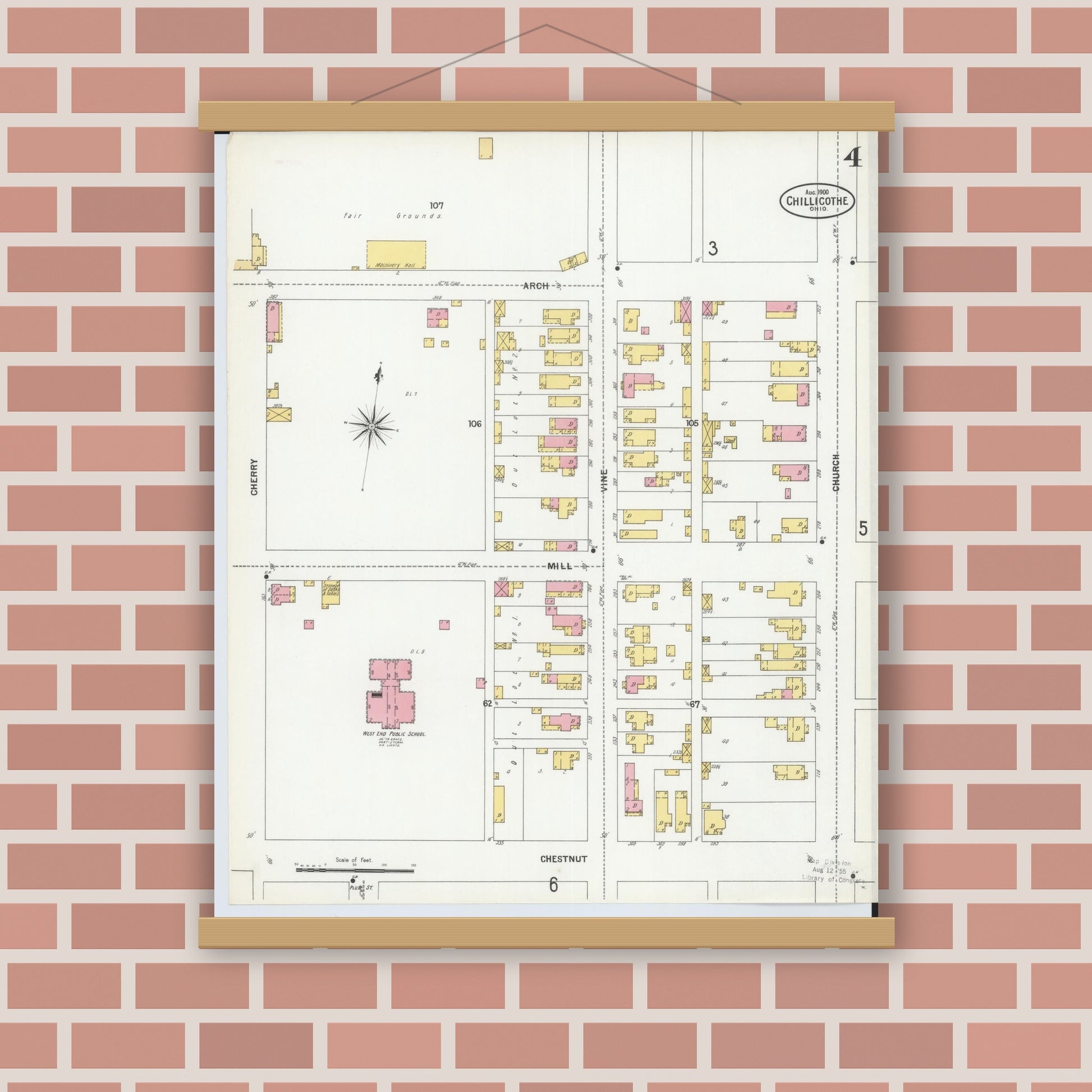 Old map wall art mockup — magnetic wood frame on brick wall — Sanborn Fire Insurance Map from Chillicothe, Ross County, Ohio (1900), Sheet #0004