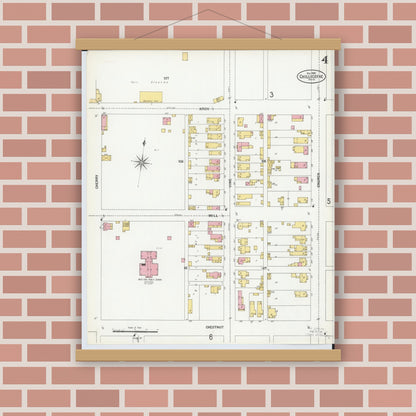 Old map wall art mockup — magnetic wood frame on brick wall — Sanborn Fire Insurance Map from Chillicothe, Ross County, Ohio (1900), Sheet #0004
